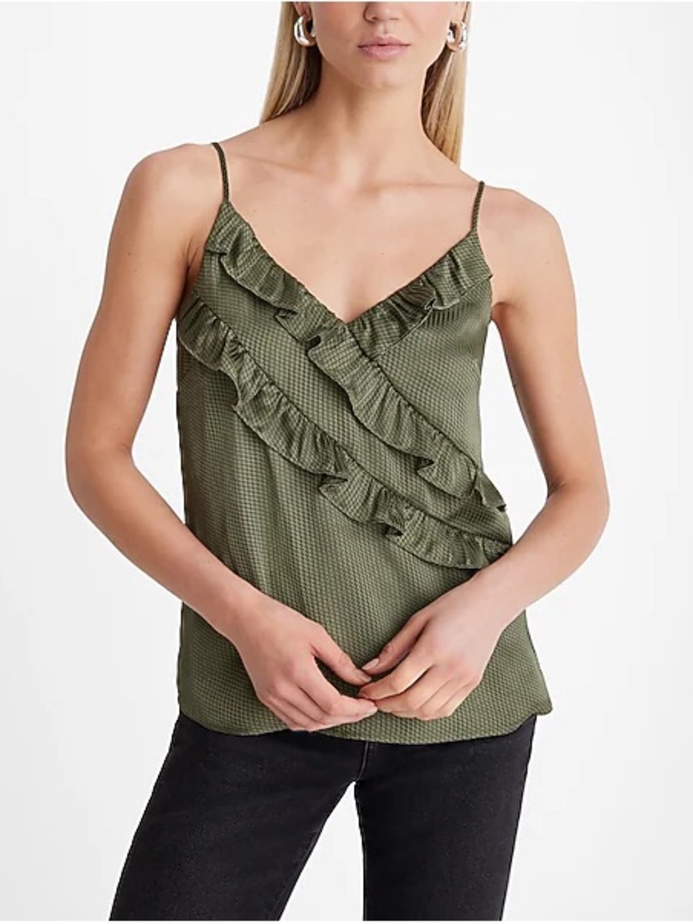 NEW EXPRESS Satin Polka Dot V-Neck Ruffle Front Downtown Cami Size L